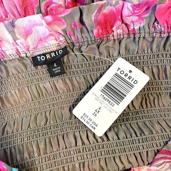NWT Torrid Crinkle Chiffon Smocked Waist Off-Shoulder Top Floral Pink Plus 4X - Picture 12 of 14